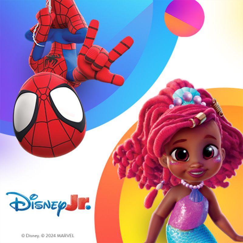 Bingo, Bluey and Spidey posing against a red background. Text: "Disney Junior".