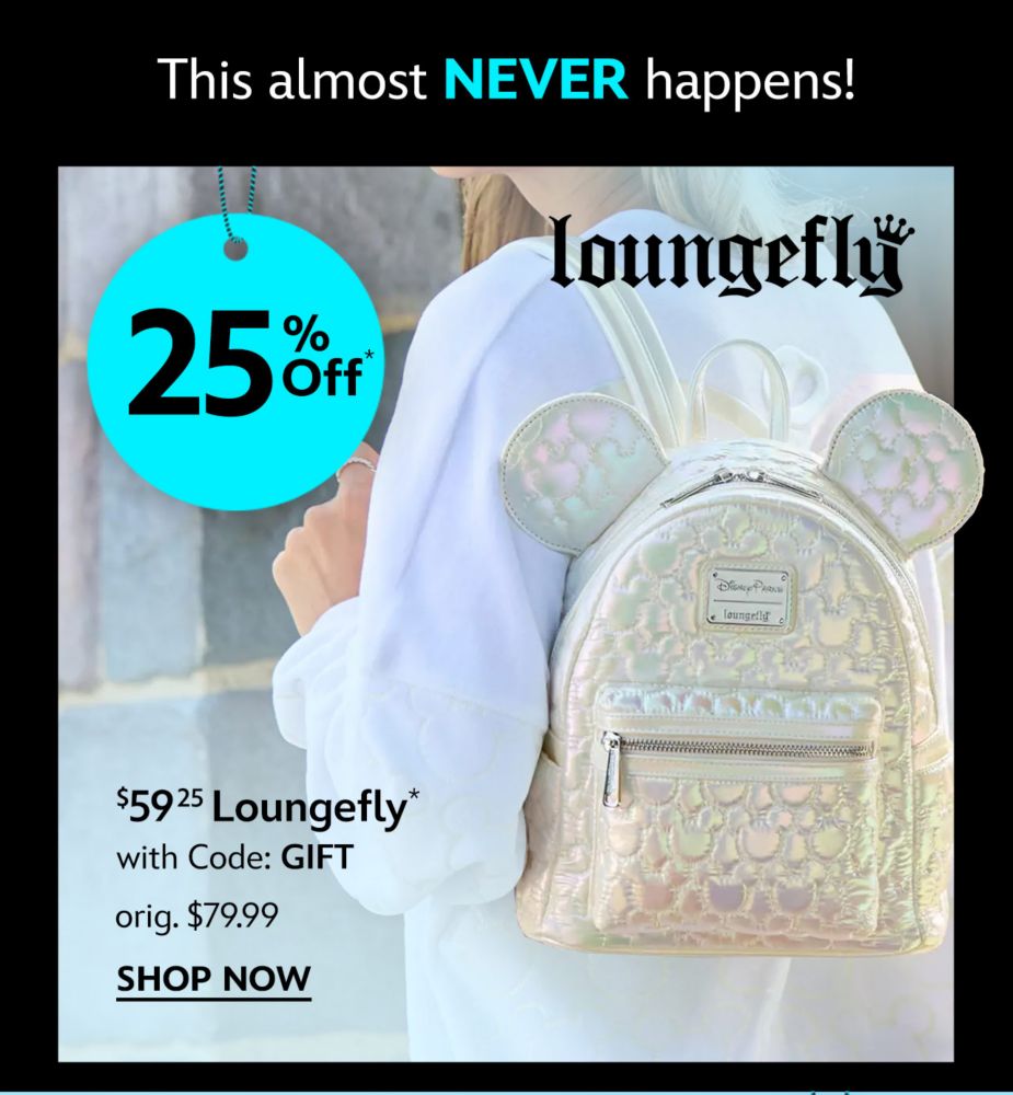 This almost never happens! 25% Off $59.25 Loungefly with Code: GIFT orig. $79.99 | Shop Now