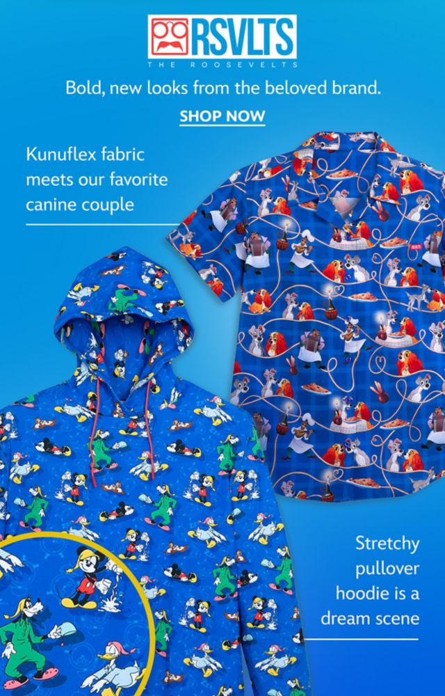 RSVLTS. Bold, new looks from the beloved brand. Kunuflex fabric meets our favorite canine couple. Stretchy pullover hoodie is a dream scene  | Shop Now