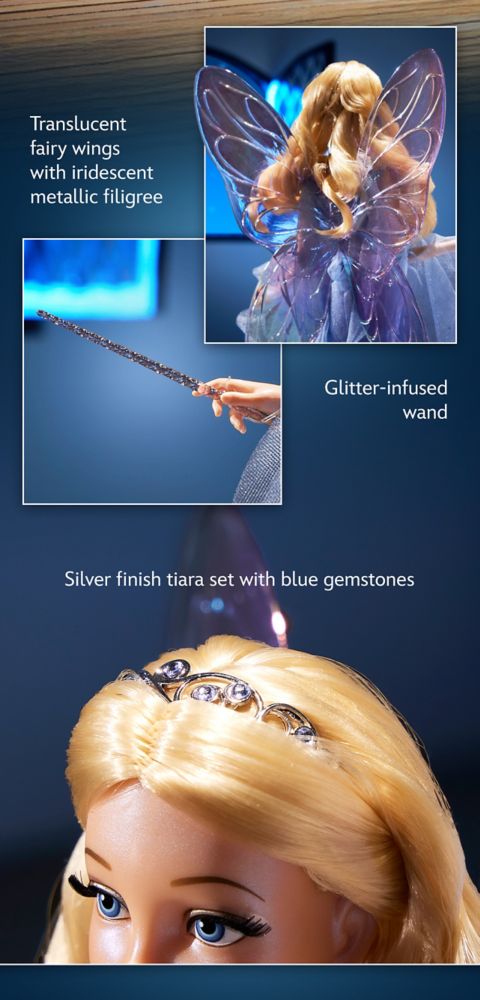 Translucent fairy wings with iridescent metallic filigree. Glitter-infused wand. Silver finish tiara set with blue gemstones | Shop Now