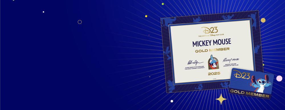 Image of D23 Gold Member Certificate and Card on dark blue background. Text: D23: The Official Disney Fan Club