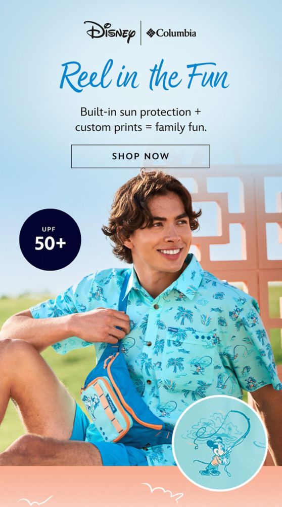 UPF protection. Special Edition. Mickey�s Outdoor Club by Disney x Columbia. Reel in the Fun. Built-in sun protection + custom prints = family fun. | Shop Now
