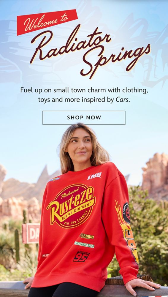 Visit Radiator Springs. Fuel up on small town charm with clothing, toys and more inspired by Cars.| Shop Now