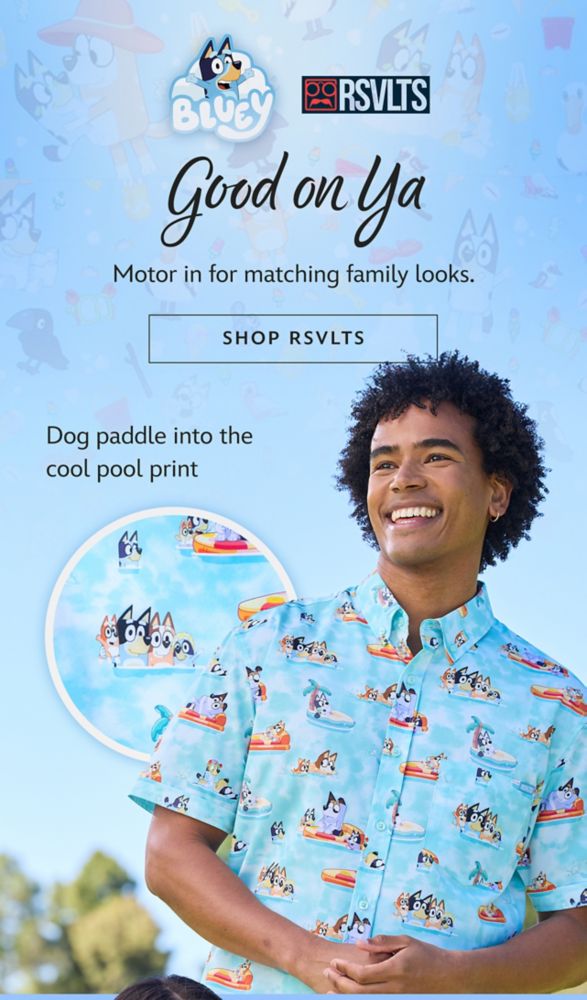 Bluey. RSVLTS. Good on Ya. Motor in for matching family looks. Dog paddle into the cool pool print. | Shop RSVLTS