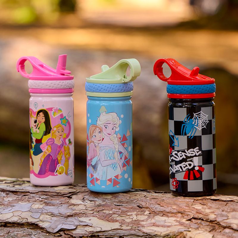 Three colorful water bottles with character designs include Disney princesses, Frozen's Elsa and Anna, and Marvel's Spider-Man on a checkered pattern.