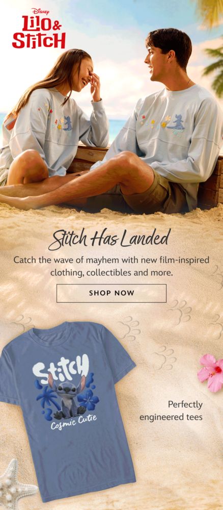 Stitch Has Landed. Catch the wave of mayhem with new film-inspired clothing, collectibles and more. Shop Now. Perfectly engineered tees | Shop Now