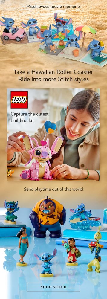Mischievous movie moments. Take a Hawaiian Roller Coaster Ride into more Stitch styles. Capture the cutest building kit. Send playtime out of this world | Shop Stitch