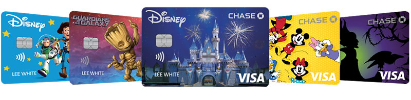 Disney Visa Credit Cards feature several card design options, including Toy Story, Groot, Sleeping Beauty Castle, Mickey & Friends, Maleficent, and more.